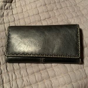 Fossil Black Leather Tri-Fold Wallet with Checkbook Cover